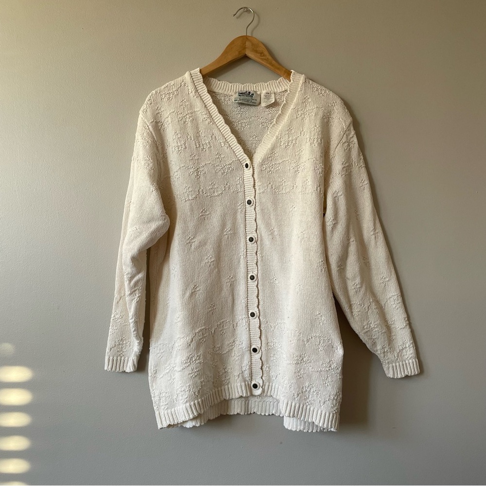 Vintage ivory long cardigan knitted pointelle v neck